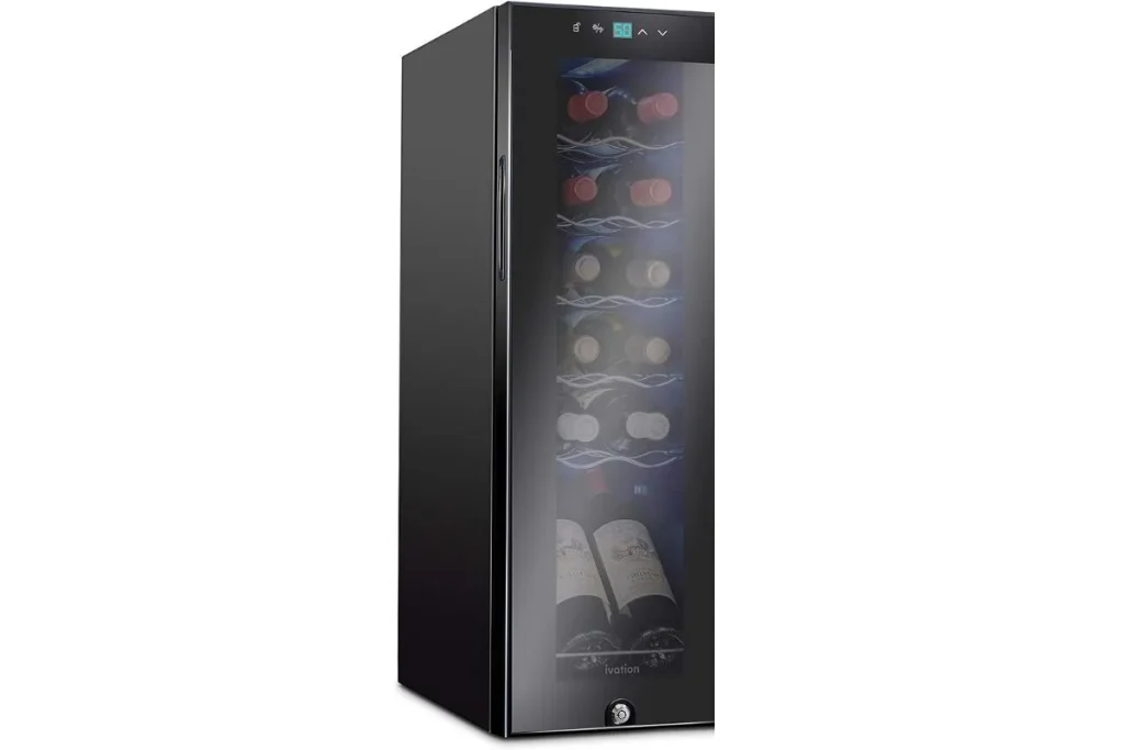 Slim black wine refrigerator with a glass door, digital touch display and bottles on wire shelves