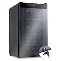 Freestanding black wine refrigerator with a tinted glass door holding bottles on shelves