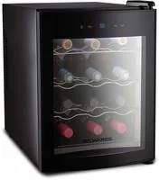 Compact black countertop wine refrigerator with a glass door holding several bottles on wire shelves