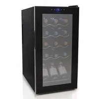 Compact black wine refrigerator with a glass door, digital display and bottles resting on wire shelves