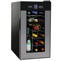 Compact wine refrigerator with a glass door, digital display and bottles resting on wire shelves