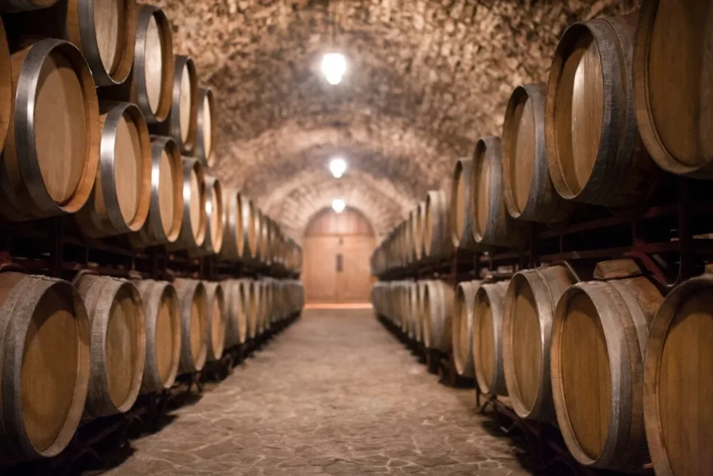 Rows of oak wine barrels stacked on racks in a vaulted stone cellar for long-term aging