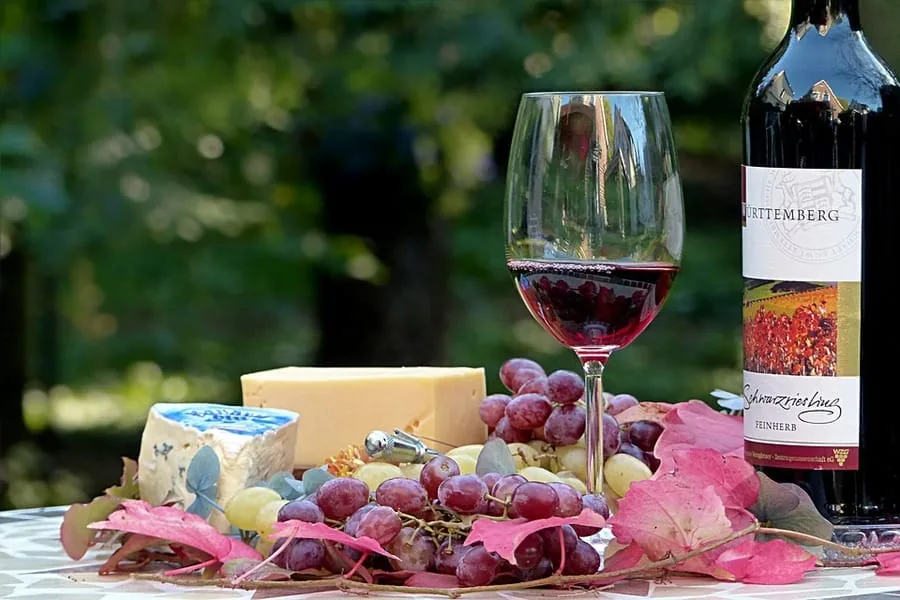Glass of red wine beside a bottle, cheese wedges and grapes on an outdoor table