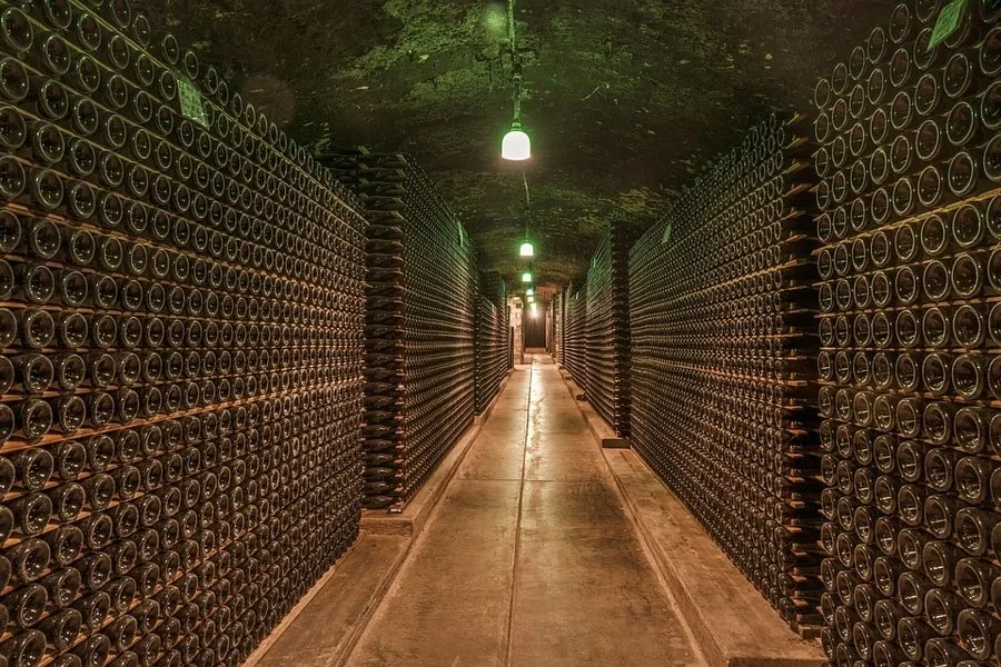 Long underground cellar corridor lined floor to ceiling with dusty wine bottles aging on their sides