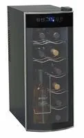 Slim countertop wine refrigerator with glass door, digital display and bottles on wire shelves