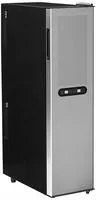 Tall freestanding wine refrigerator with a dark glass door and stainless steel control panel