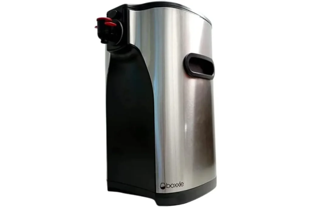Stainless steel boxed wine dispenser with a red pour tap and side handle