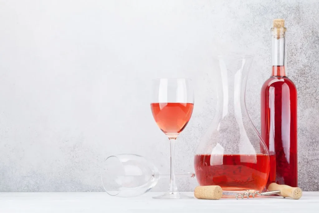 Rose wine in a decanter, a filled glass and an unlabeled bottle on a white table