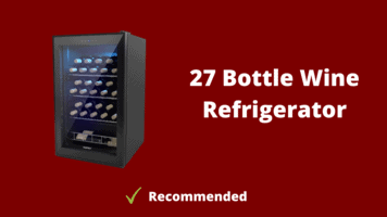 Freestanding 27 bottle wine refrigerator with a glass door and blue interior light, marked Recommended