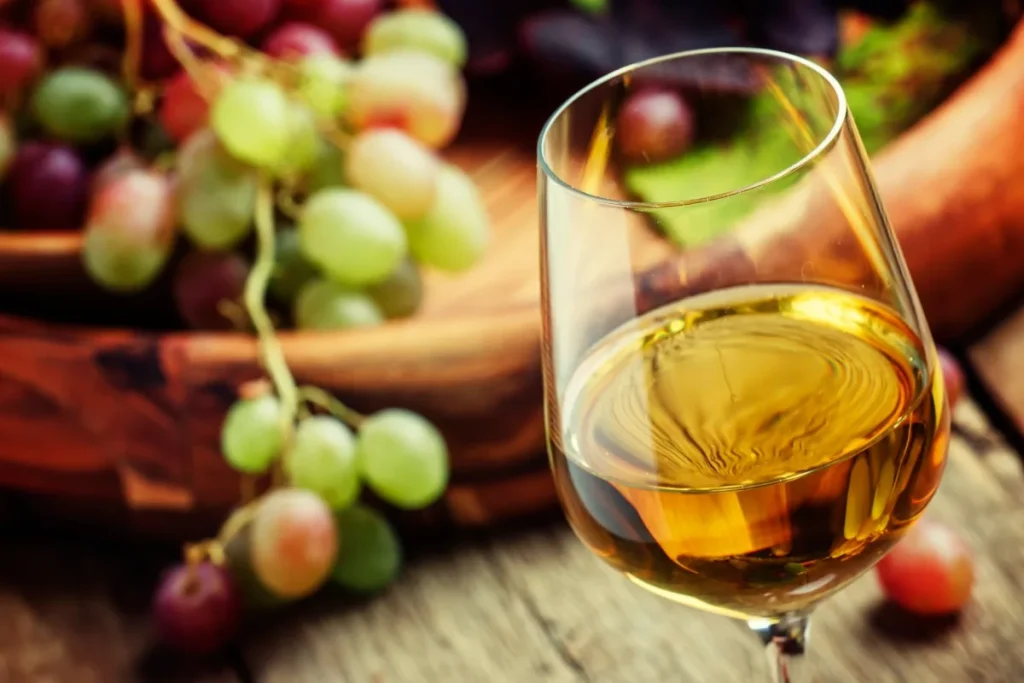 Glass of golden white wine beside fresh grapes in a wooden bowl on a rustic table