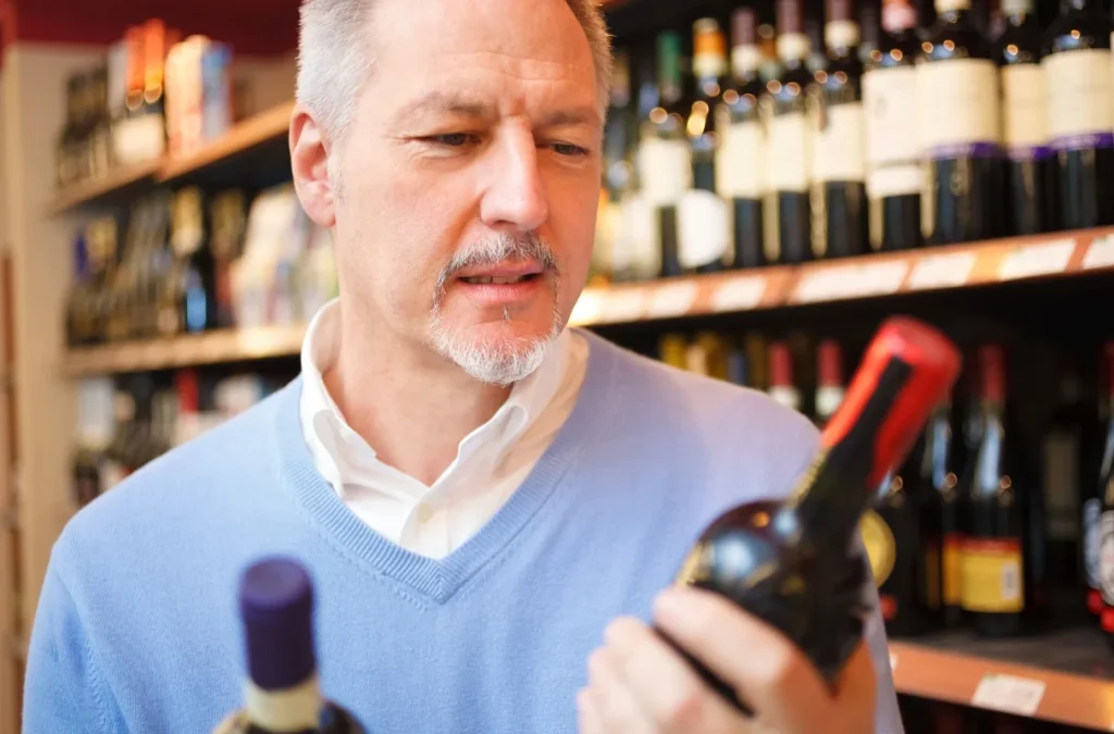 A man compares two wine bottles in front of stocked shelves in a wine shop
