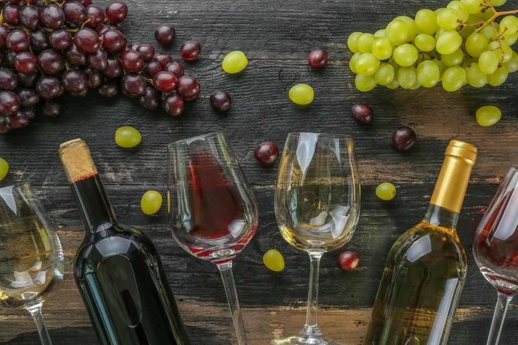 Glasses of red and white wine with bottles and red and green grapes on dark wood
