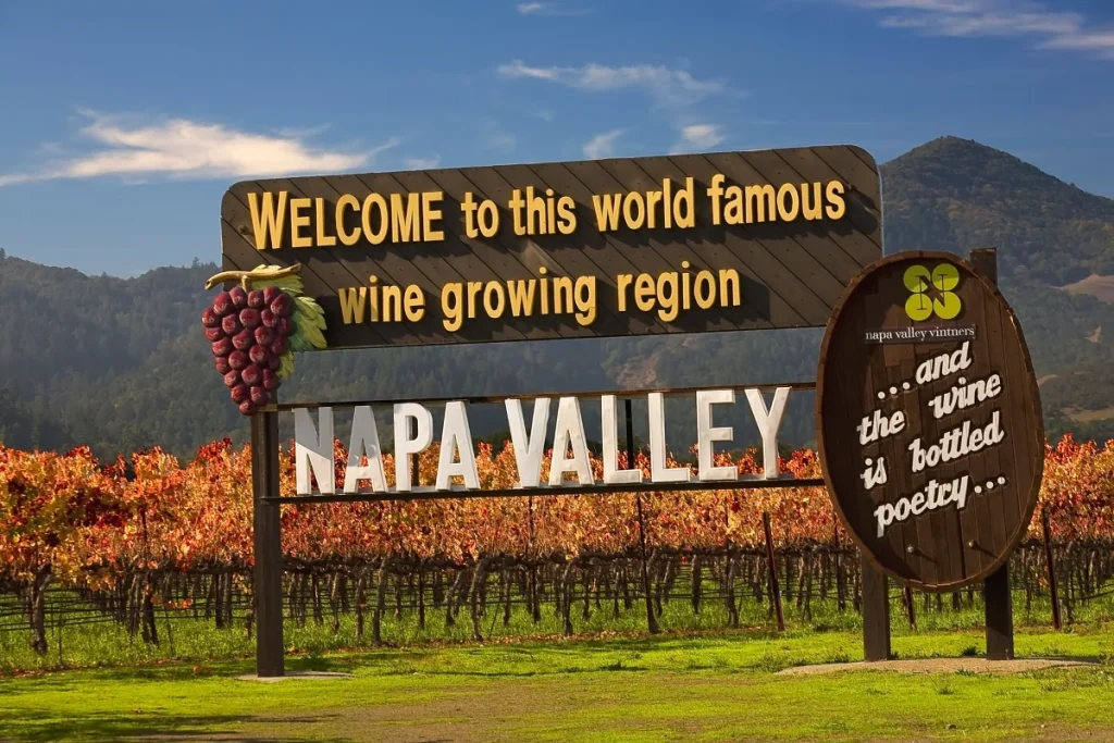 Napa Valley welcome sign beside a vineyard with autumn leaves and hills behind