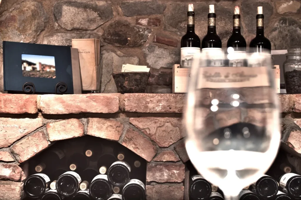Bottles resting on their sides in a stone cellar alcove with upright bottles on the ledge above