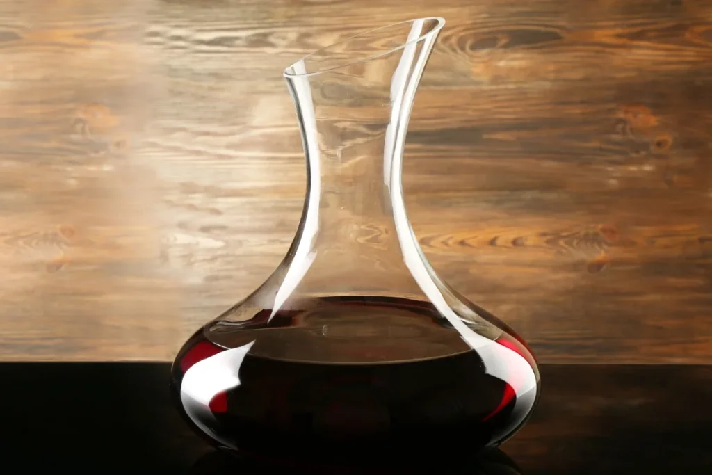 Wide bottomed glass decanter holding red wine on a dark surface against wood