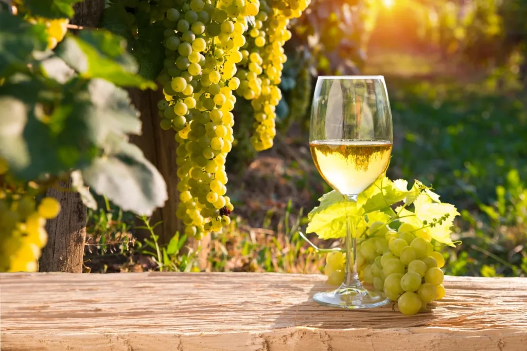 Glass of white wine on a wooden beam beside green grape clusters in a sunlit vineyard