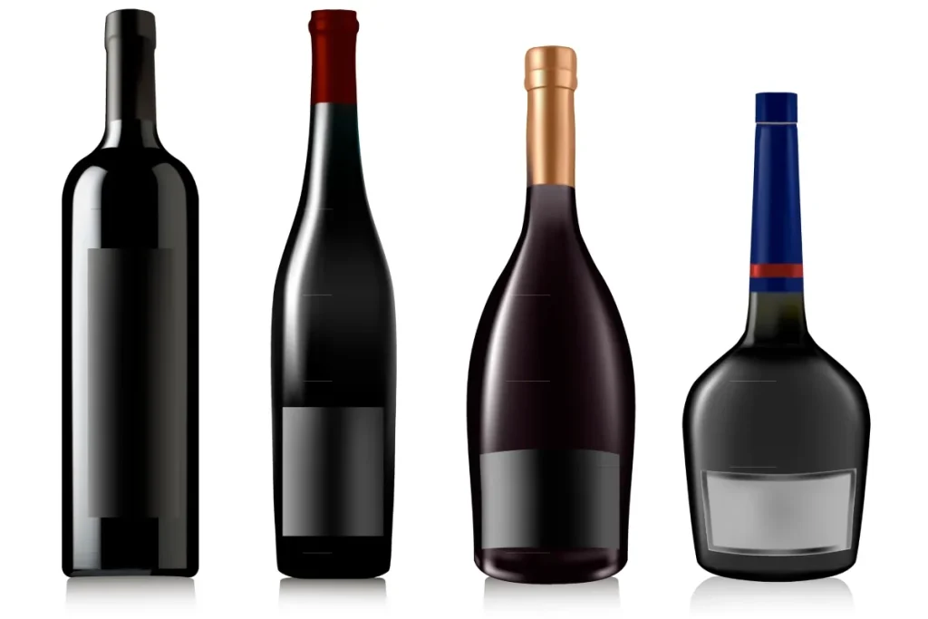 Four wine bottle shapes side by side with blank labels, showing straight, sloped and wide-bodied designs