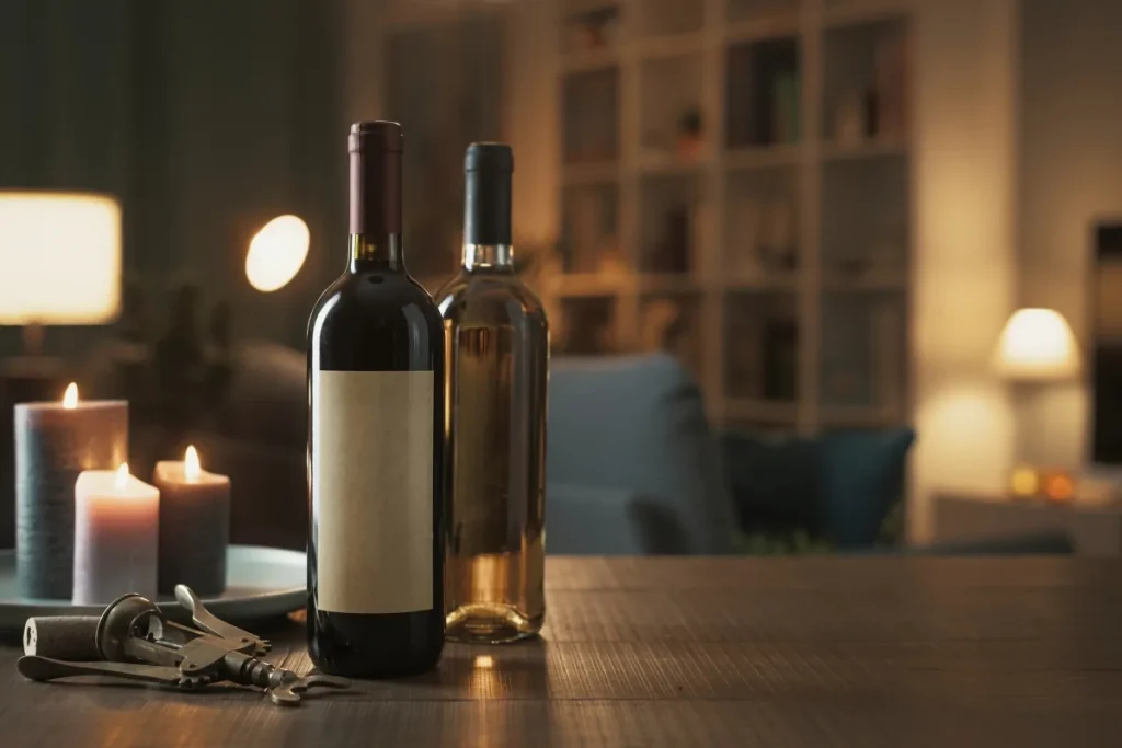 Red and white wine bottles resting on a wooden table in a warm room, ready to serve at room temperature