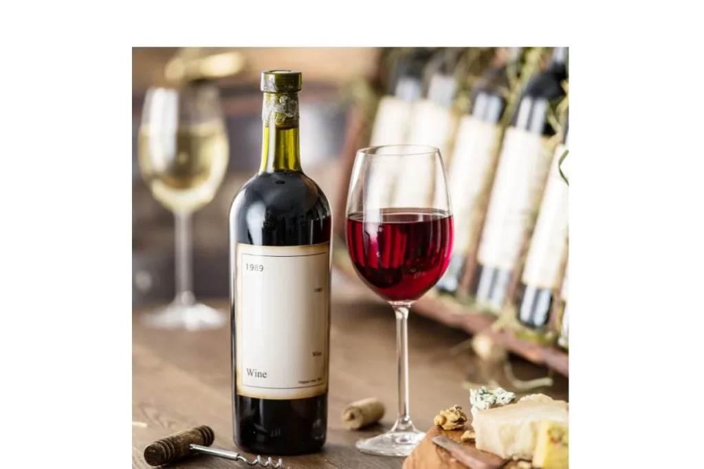 Aged red wine bottle beside a filled glass, loose cork and corkscrew on a wooden table