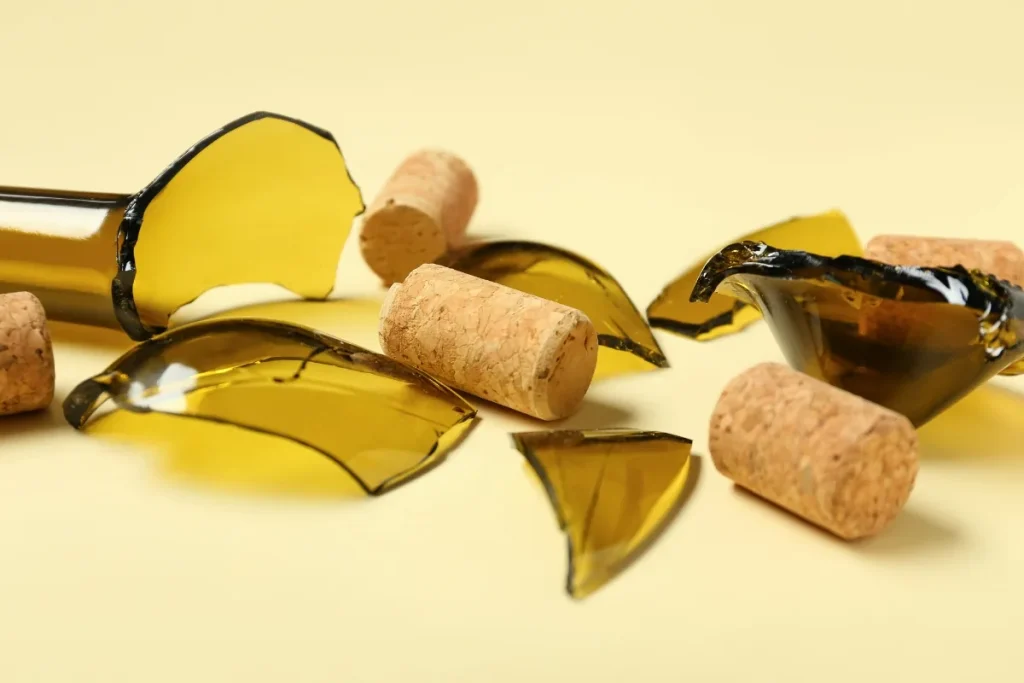 Shards of a broken green wine bottle scattered with corks on a pale yellow surface
