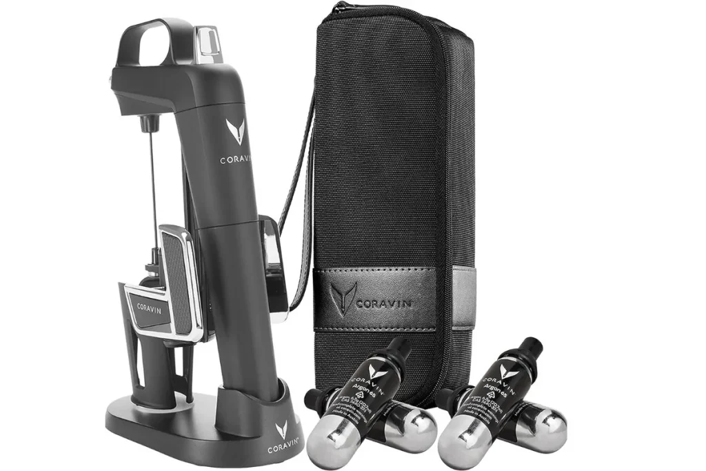 Wine preservation system on its stand with argon gas capsules and a zippered travel case