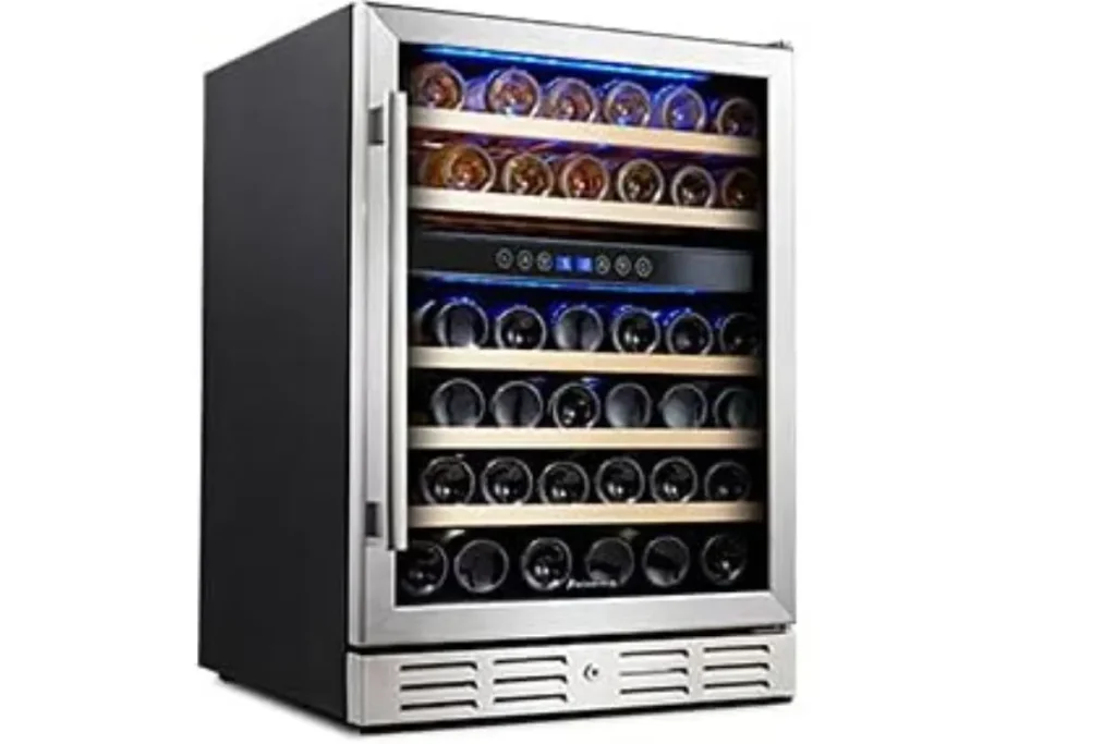 Dual zone wine refrigerator with stainless steel glass door, blue lighting and full wooden shelves of bottles
