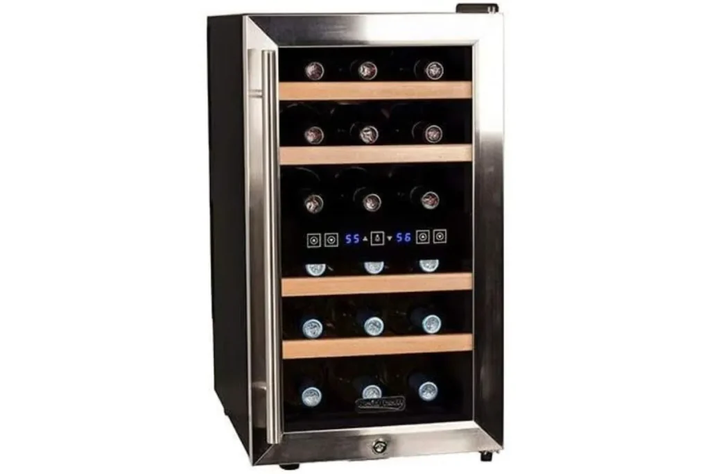Freestanding dual zone wine refrigerator with stainless steel glass door and wooden shelves holding bottles
