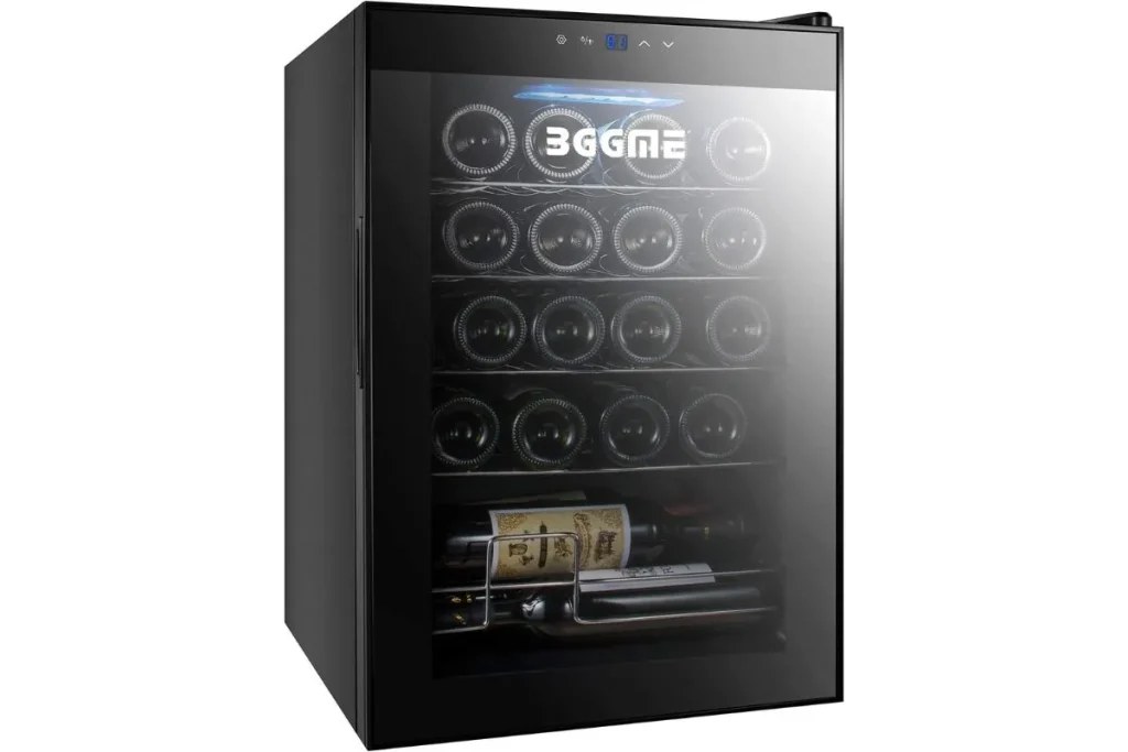 Freestanding black wine fridge with glass door, digital temperature display and bottles on wire shelves