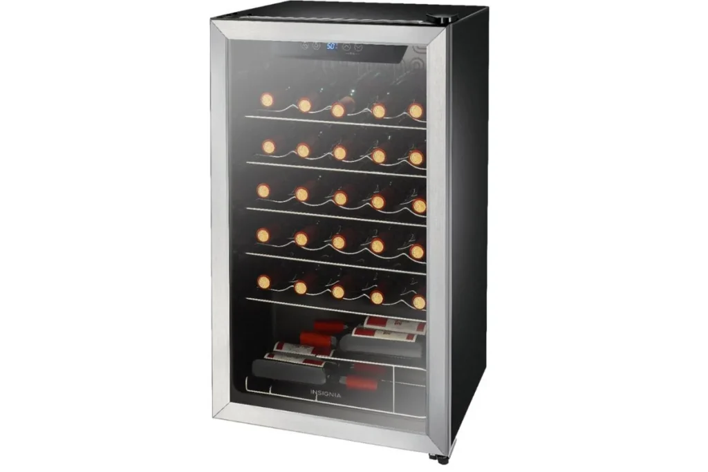 Freestanding wine refrigerator with stainless steel trimmed glass door holding rows of wine bottles