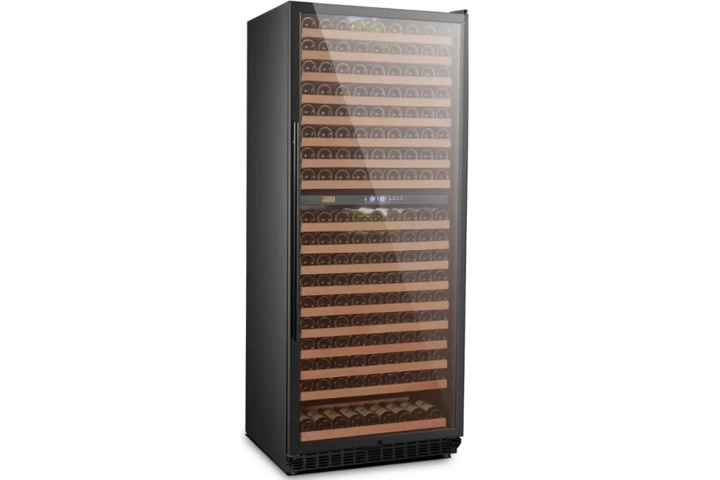 Tall dual zone wine refrigerator with a glass door, wooden shelves and full bottle racks