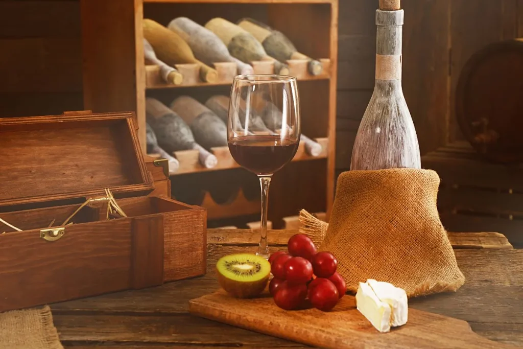 Glass of red wine with soft cheese, grapes and kiwi on a board in front of a wine rack