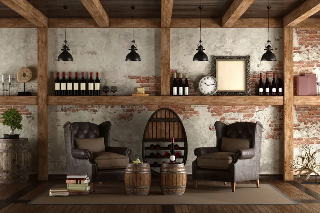 Rustic wine cellar lounge with wood beams, brick walls and wine bottles on wooden shelves