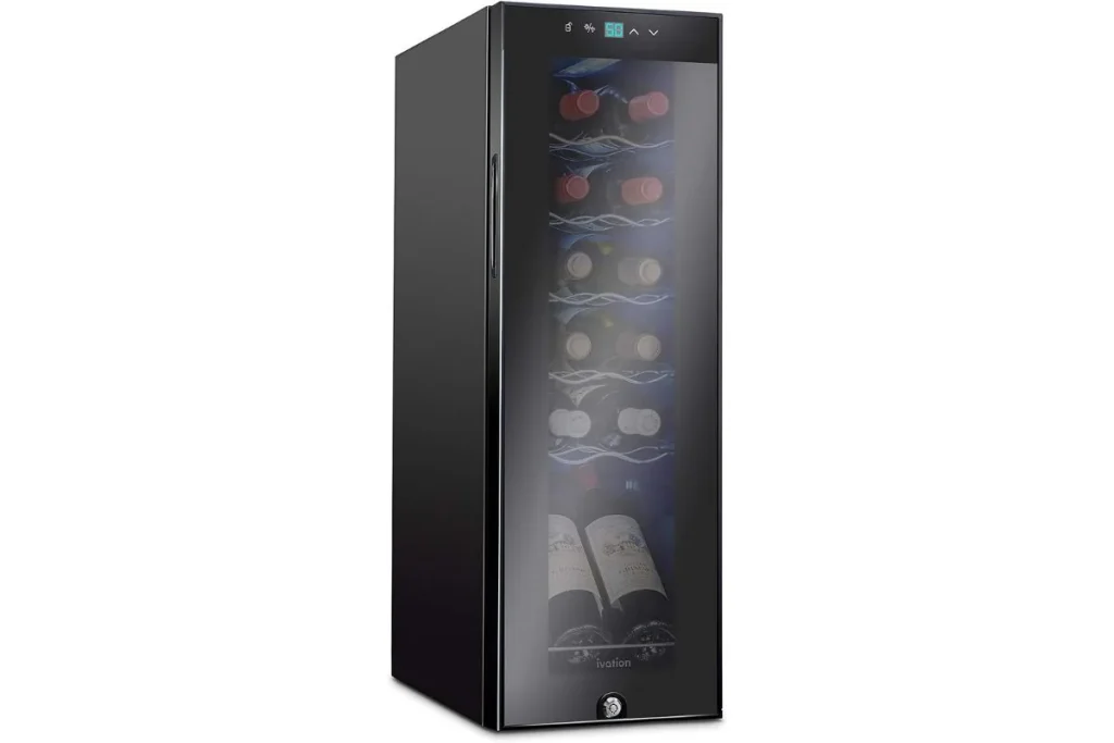 Slim black wine refrigerator with a glass door, digital temperature display and bottles resting on wire shelves