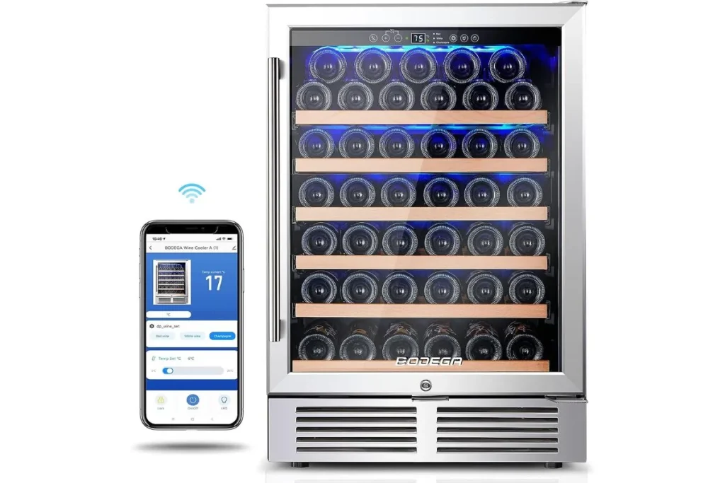 Stainless steel wine fridge full of bottles beside a phone app showing temperature control