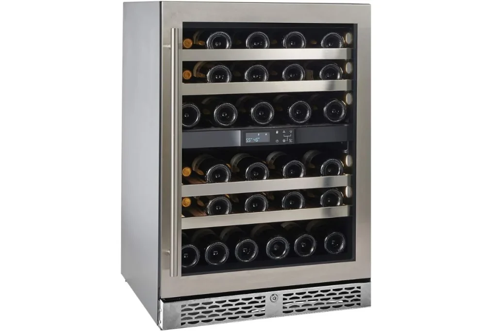 Stainless steel dual zone wine refrigerator with glass door, full racks and a front lock