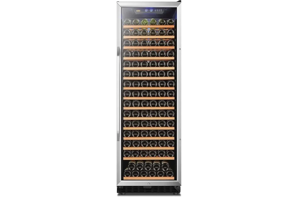 Tall freestanding wine refrigerator with a glass door, digital display and wooden shelves full of bottles