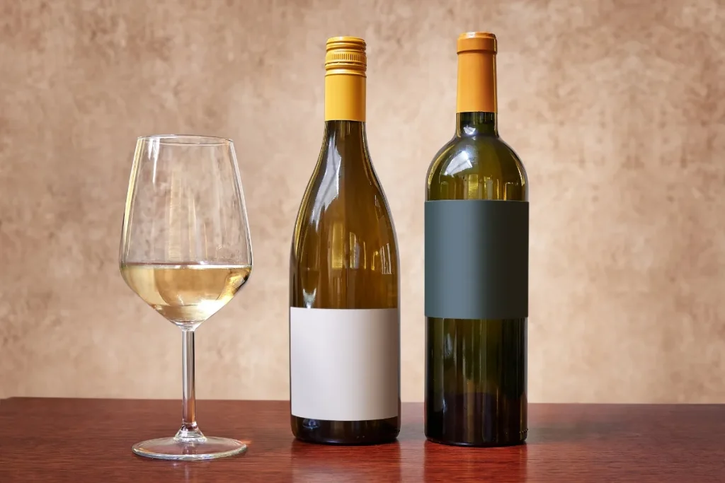 Two white wine bottles with blank labels beside a poured glass, showing standard bottle sizes