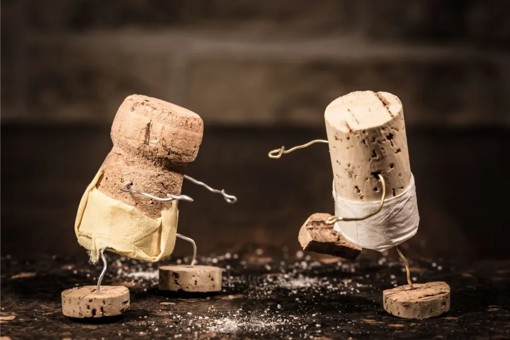 Two wine cork figures with wire limbs facing off, one holding a broken piece of cork
