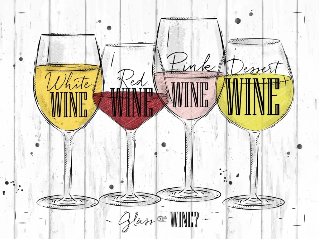 Illustrated chart of four wine glasses labeled white, red, pink and dessert wine