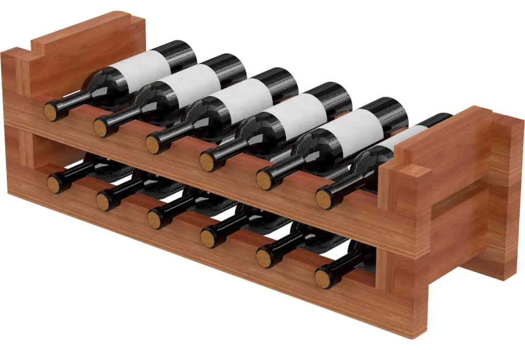 Small two tier wooden wine rack holding twelve bottles stored on their sides