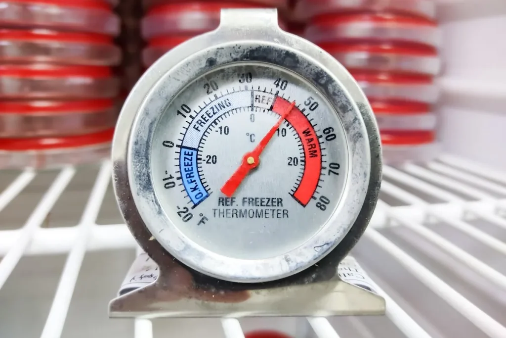 Dial refrigerator and freezer thermometer on a wire shelf showing a reading in the warm range